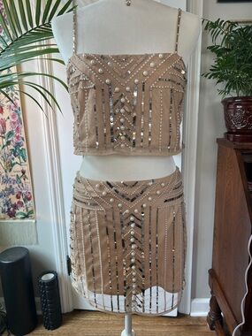 Show Me Your MuMu Beige Embellished Mini Skirt Set